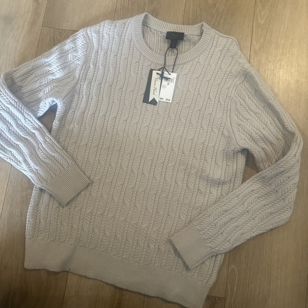 Magaschoni Men's Viscose Blend Cable Knit Crew Neck‎ Sweater Beige Small NEW